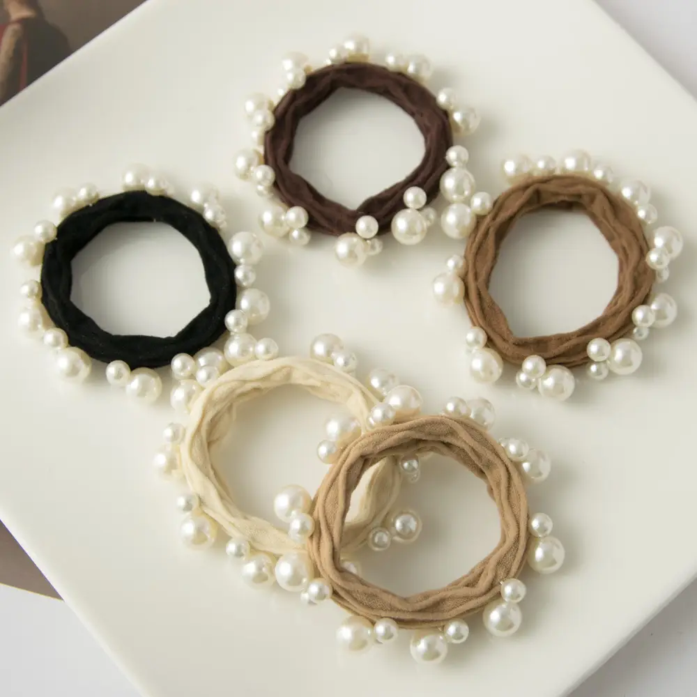 Adorro - Textured Seamless Pearl Hair Tie Set, Neutral - Image 2