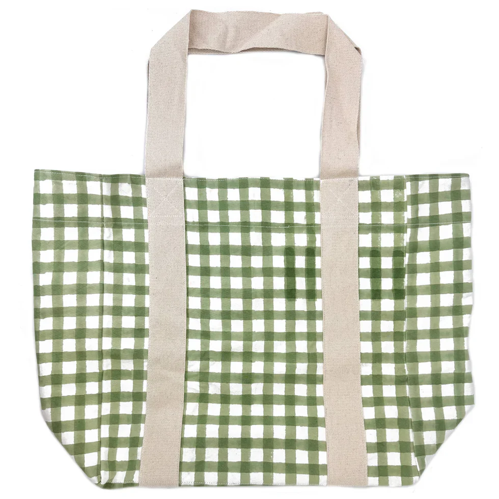 Anju Jewelry - Block Printed Canvas Bag, Green Gingham