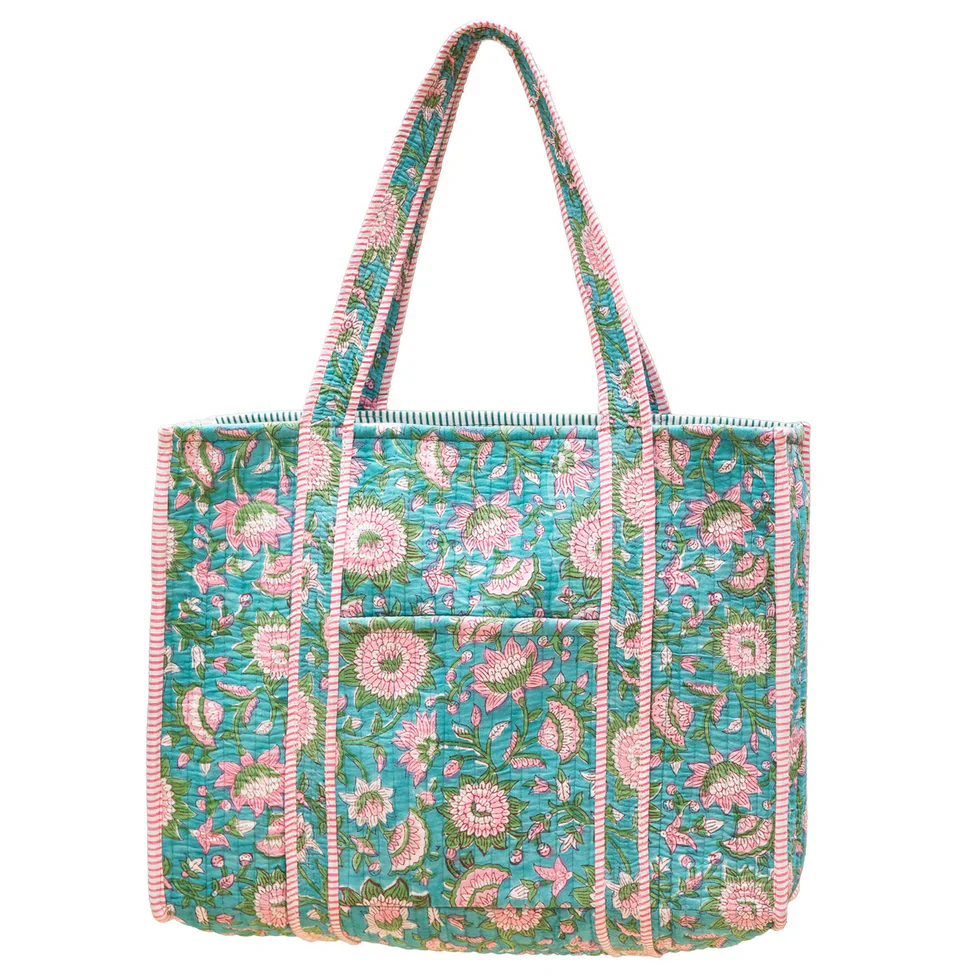 Anju Jewelry - Quilted Tote, Teal with Pink Floral