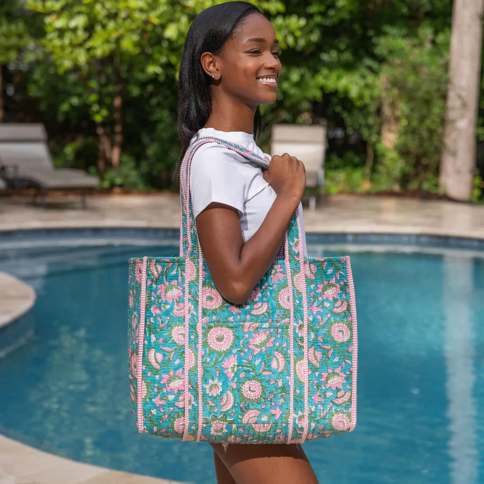 Anju Jewelry - Quilted Tote, Teal with Pink Floral - Image 2