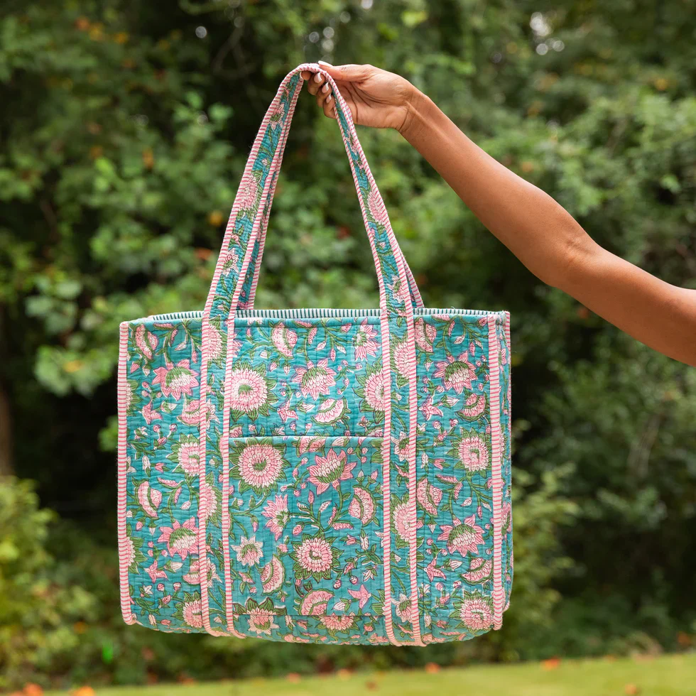 Anju Jewelry - Quilted Tote, Teal with Pink Floral - Image 3
