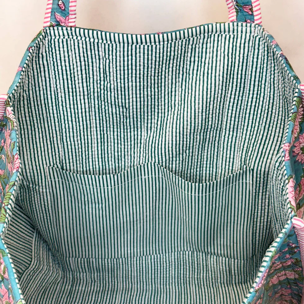 Anju Jewelry - Quilted Tote, Teal with Pink Floral - Image 4