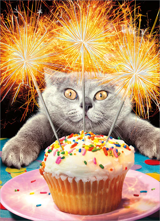 Avanti - Cat with Sparkler Cake Birthday Card