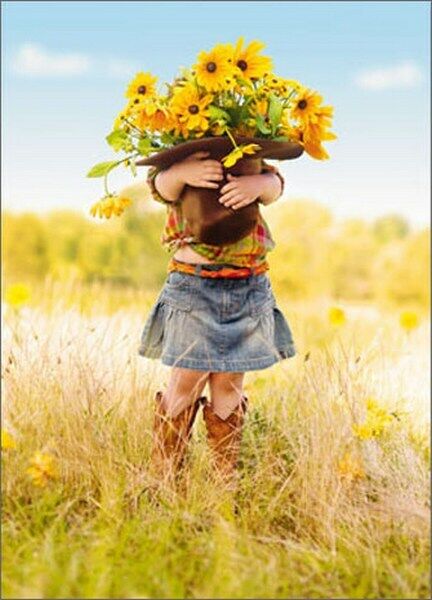 Avanti - Girl Holding Hat of Flowers Thank You Card