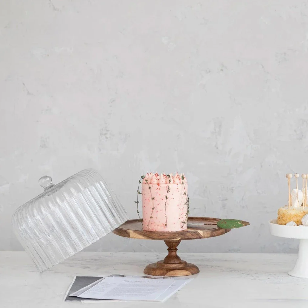 Creative Co-op - Acacia Wood Pedestal with Fluted Glass Cloche