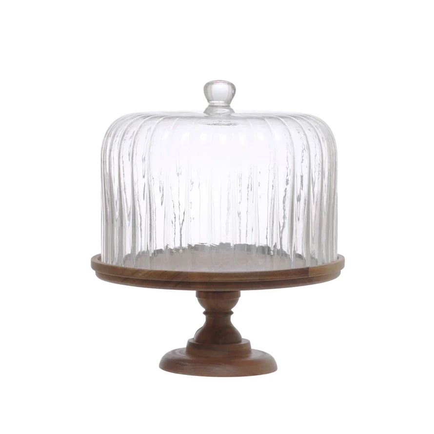Creative Co-op - Acacia Wood Pedestal with Fluted Glass Cloche - Image 2