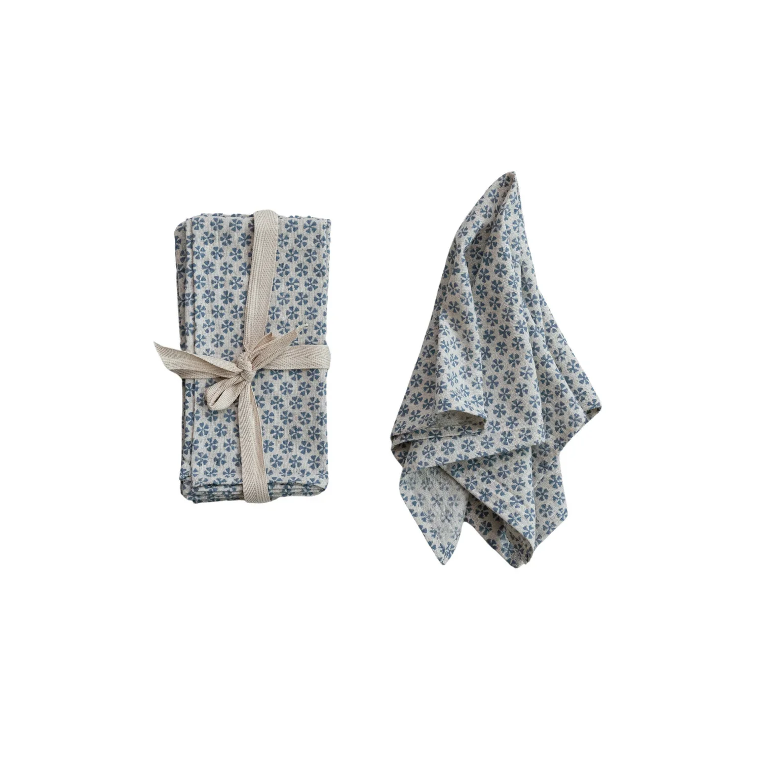 Creative Co-op - Blue and White Cotton & Linen Napkins with Flowers - Image 2