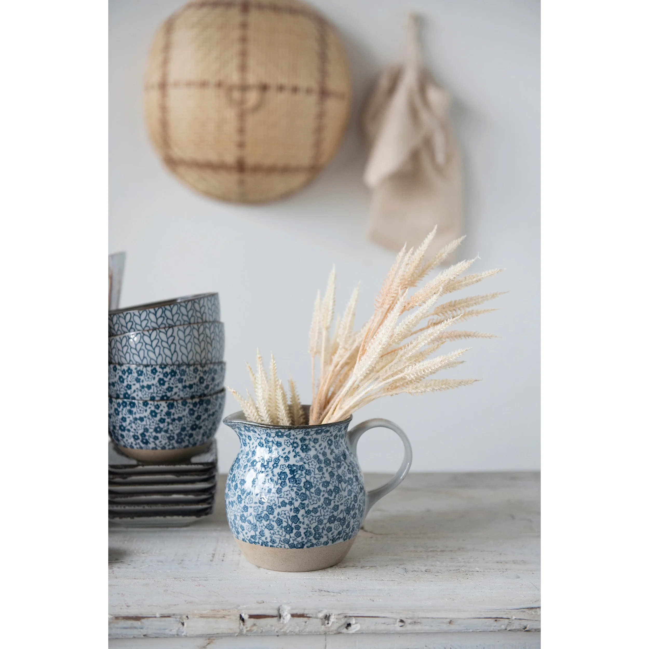 Creative Co-op - Blue Floral Stoneware Pitcher
