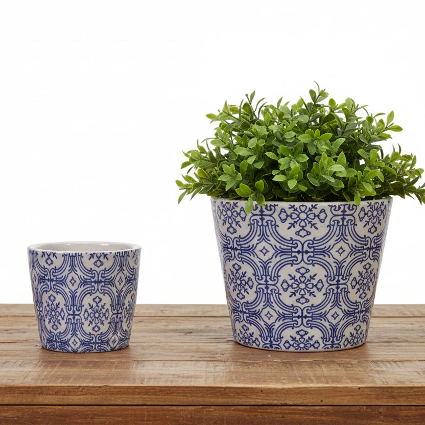 Creative Co-op - Blue Patterned Terracotta Planter