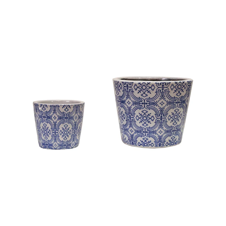 Creative Co-op - Blue Patterned Terracotta Planter - Image 2