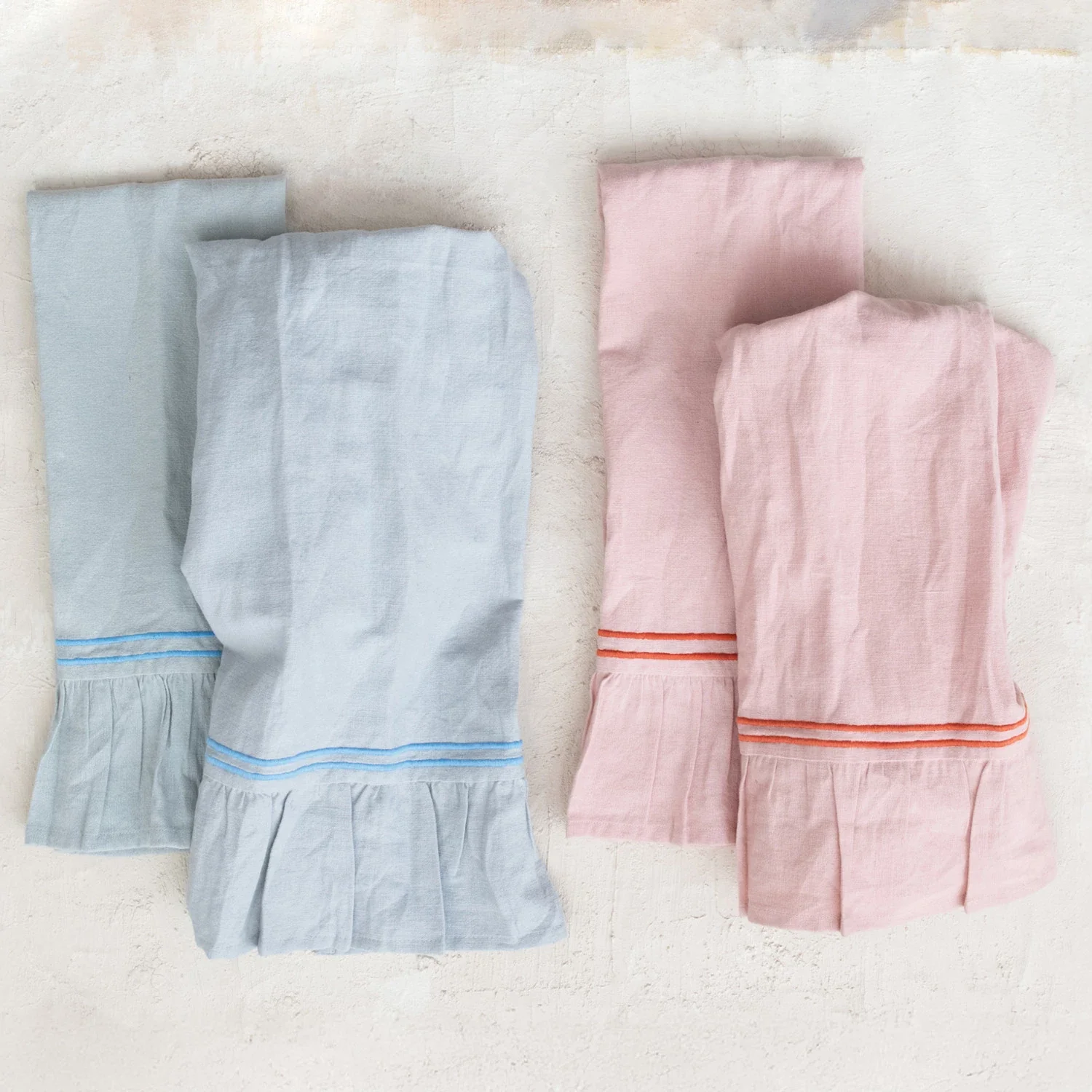 Creative Co-op - Linen Tea Towel with Embroidered Stripes & Ruffle