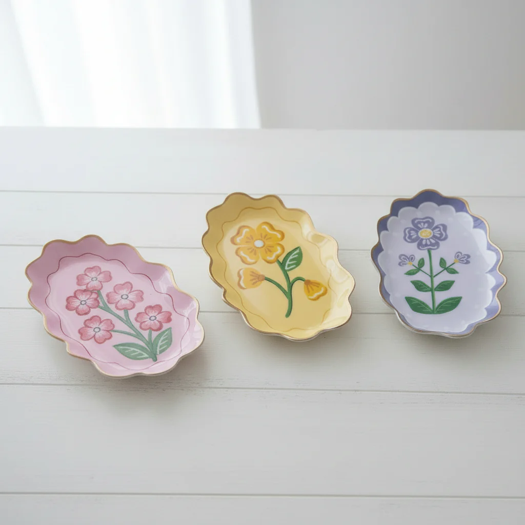 Creative Co-op - Enameled Metal Scalloped Tray with Flower