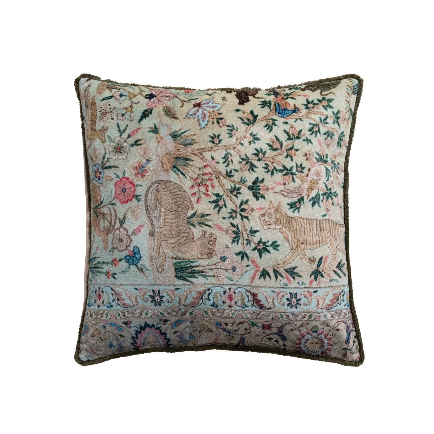 Creative Co-op - Fringed Velvet Pillow with Safari Animals & Botanicals