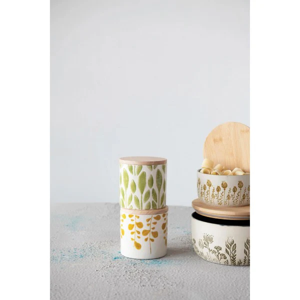 Creative Co-op - Hand-Stamped Stoneware Jar with Bamboo Lid - Image 2