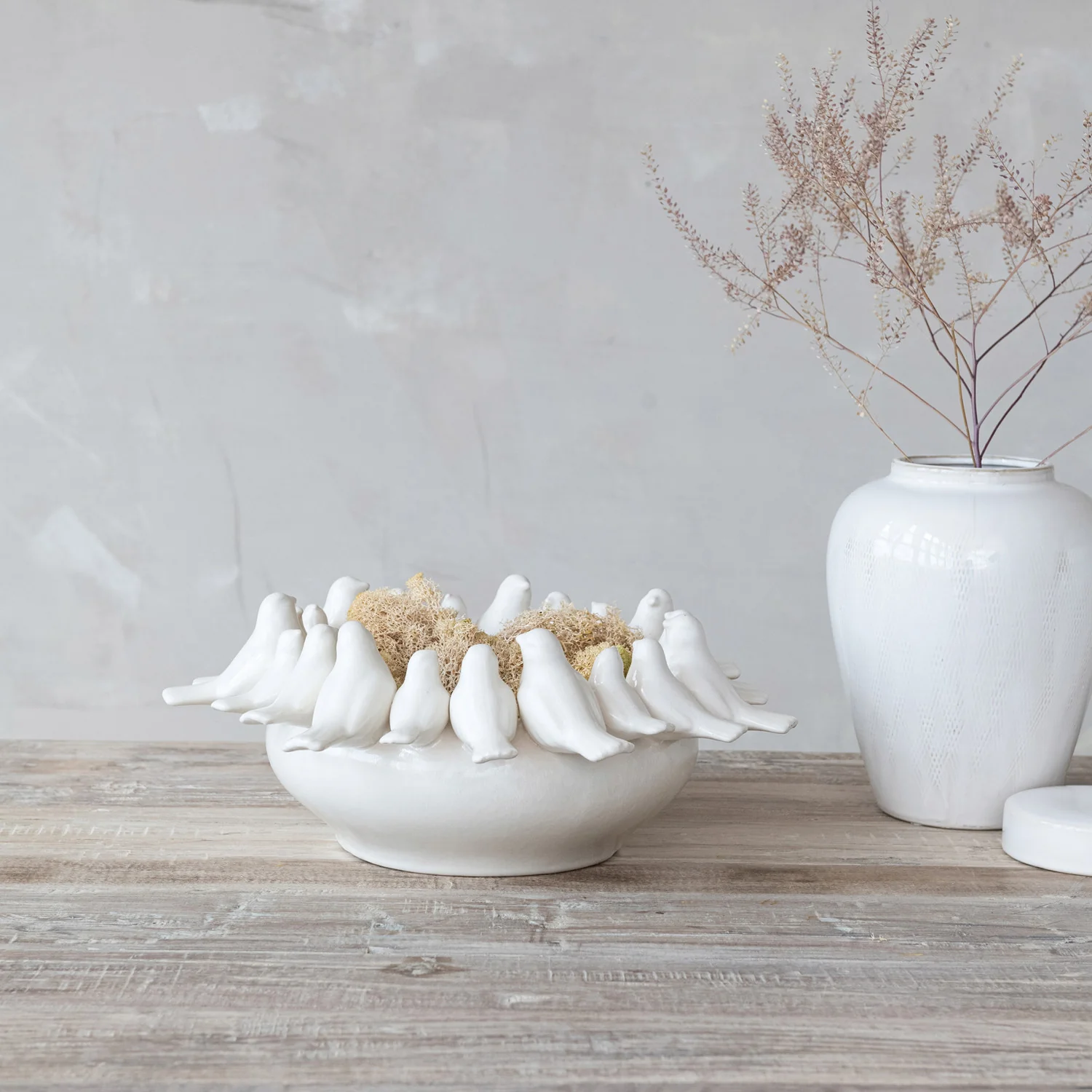 Creative Co-op - Large White Stoneware Planter with Birds on Rim