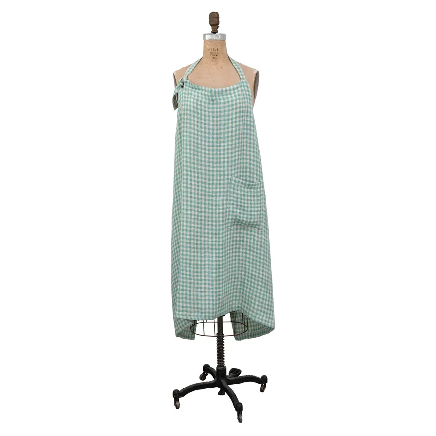 Creative Co-op - Linen & Cotton Apron, Aqua Gingham