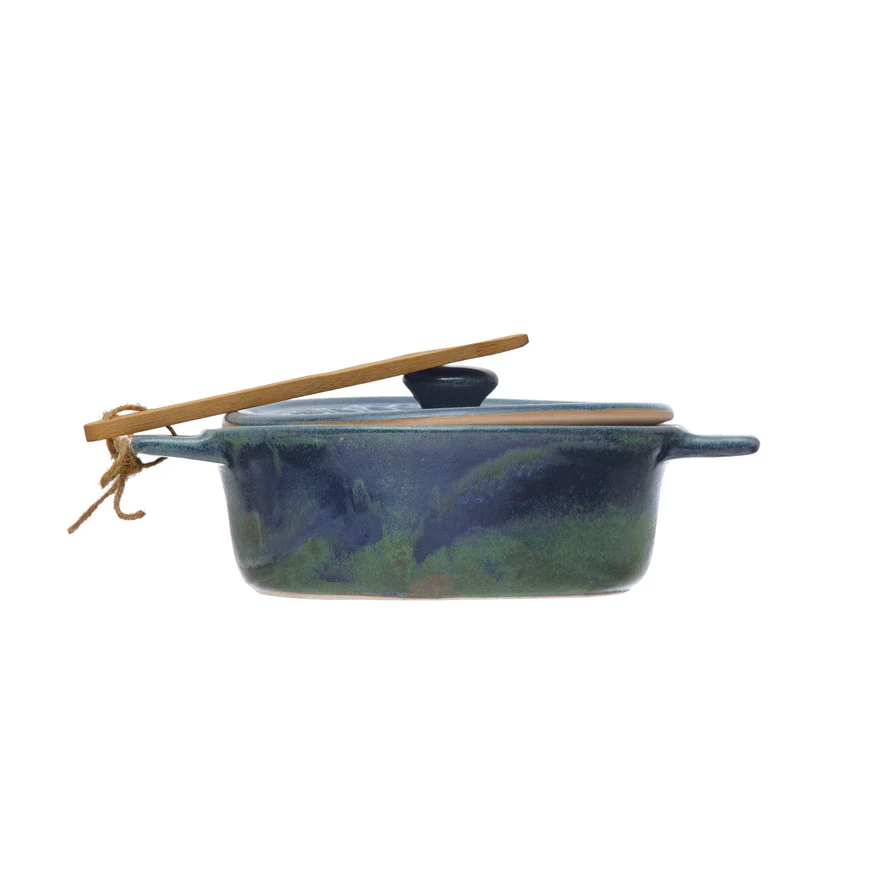 Creative Co-op - Stoneware Brie Baker with Bamboo Spreader, Blue - Image 2