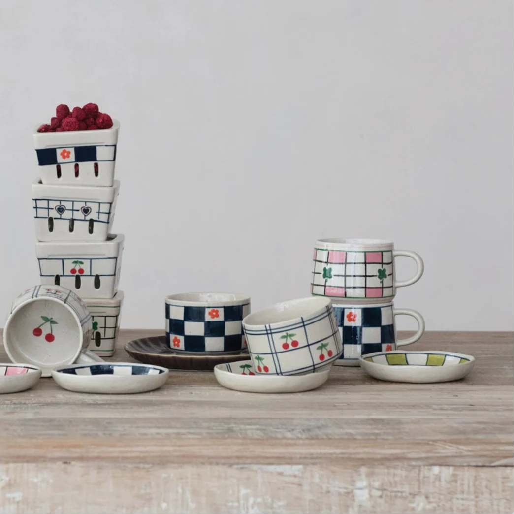 Creative Co-op - Stoneware Check Mug with Pattern