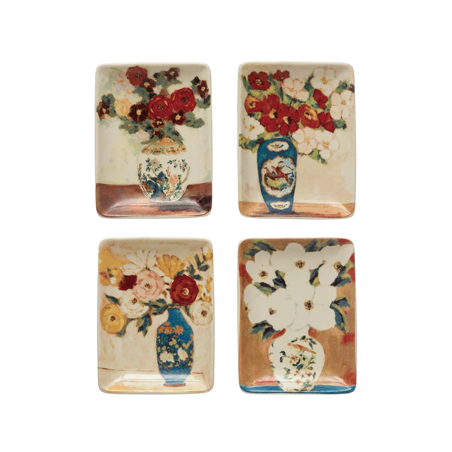 Creative Co-op - Stoneware Plate with Flowers in Vase Design