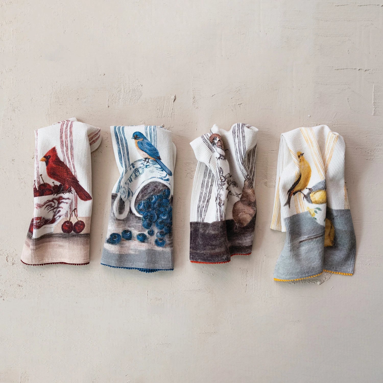 Creative Co-op - Waffle Weave Tea Towel with Bird & Fruit
