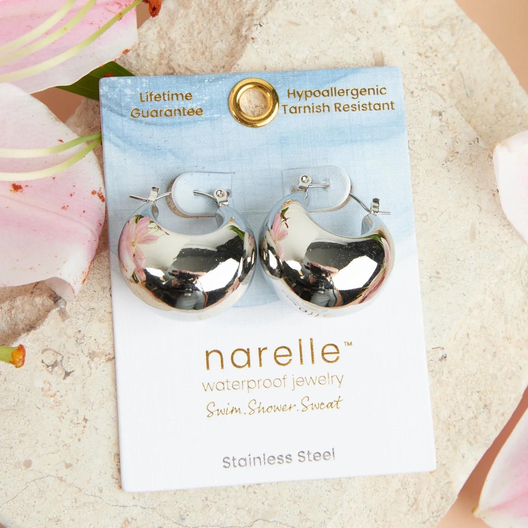 Narelle - Waterproof Bowl Hoop Earrings, Silver - Image 2