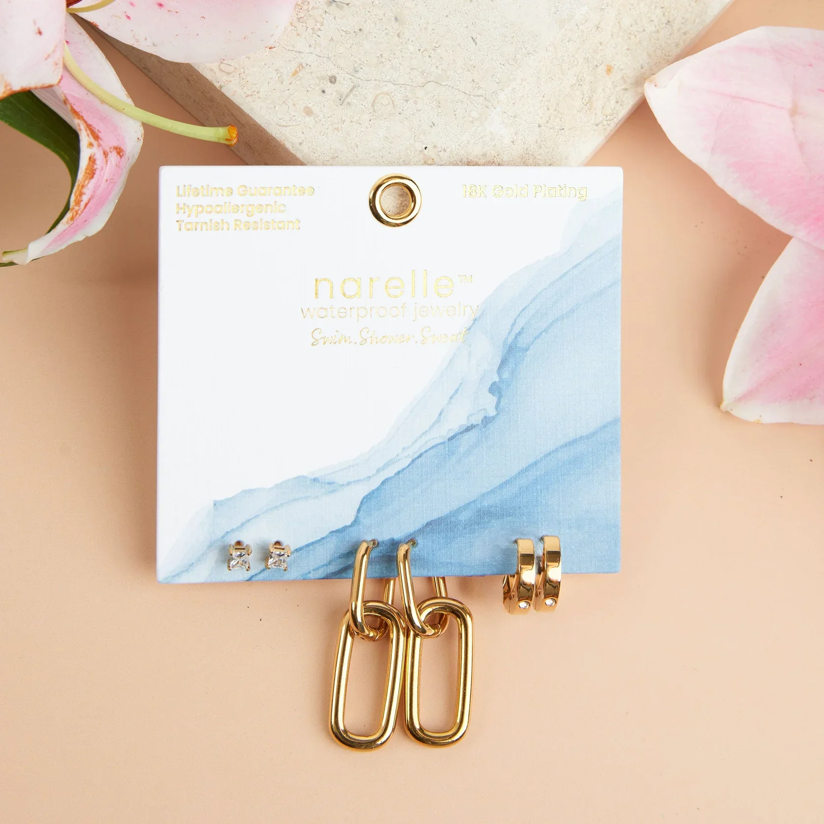 Narelle - Waterproof Double Linked Hoop Earring Trio, Gold - Image 2