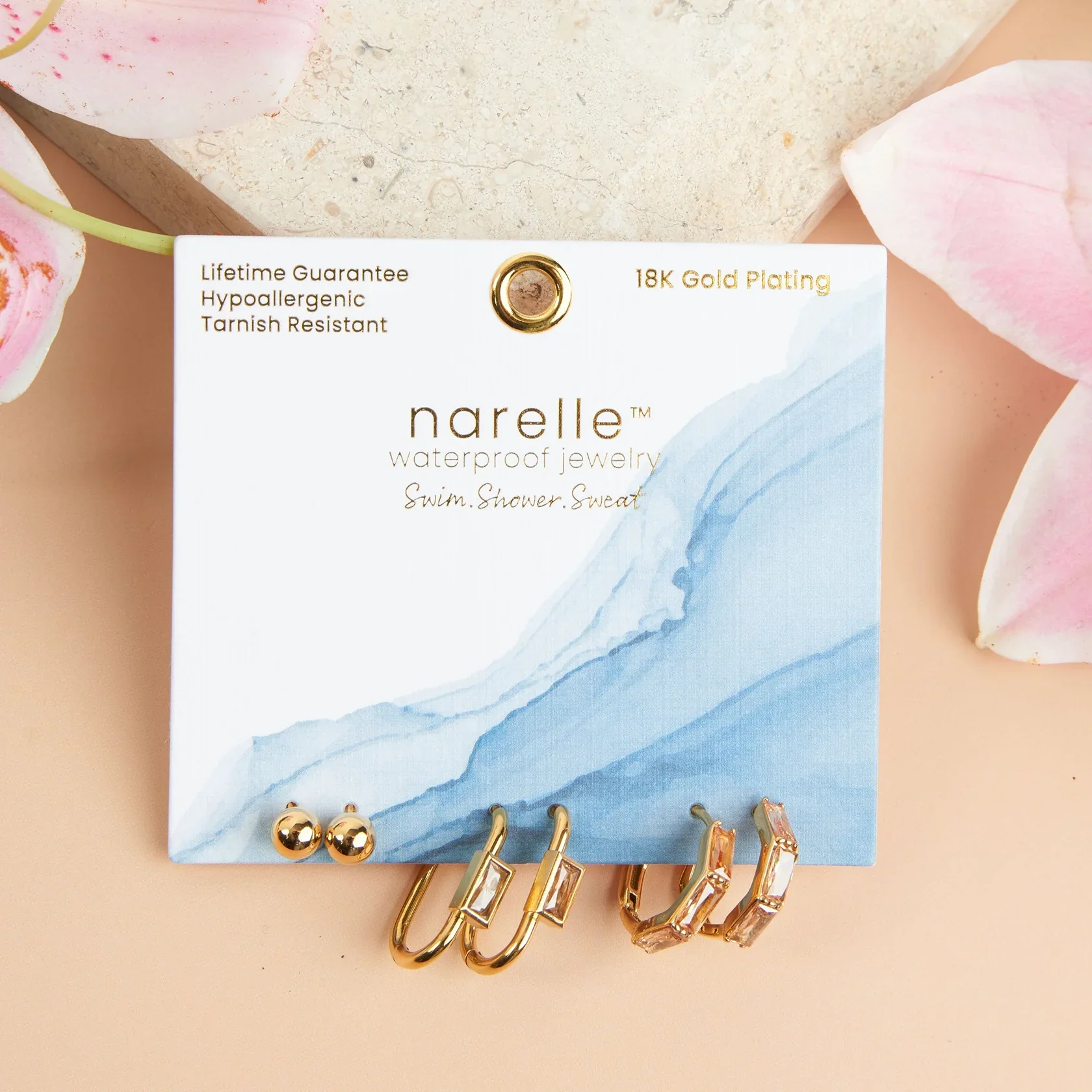 Narelle - Waterproof Rectangle Hoop Earring Trio, Gold - Image 2
