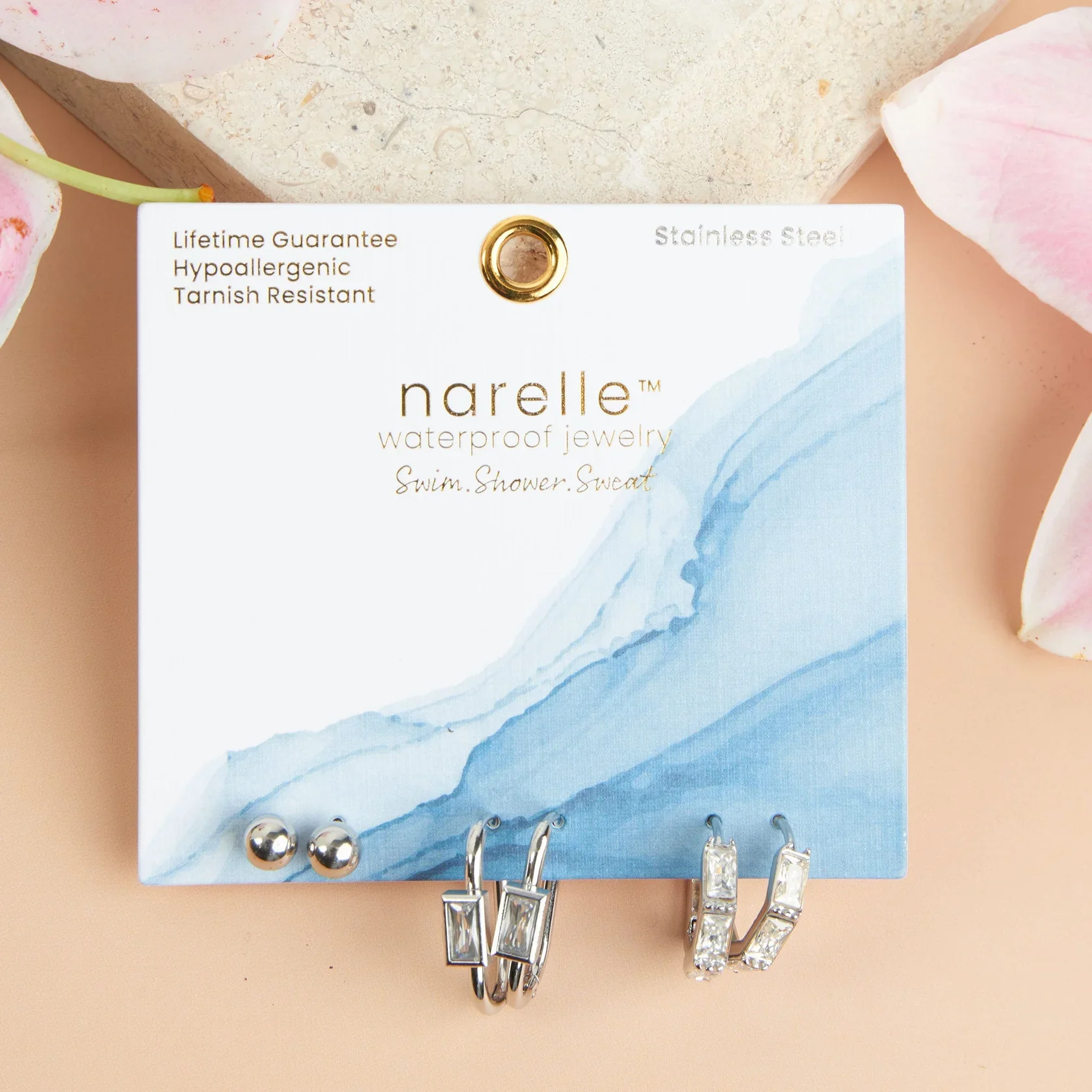 Narelle - Waterproof Rectangle Hoop Earring Trio, Silver - Image 2
