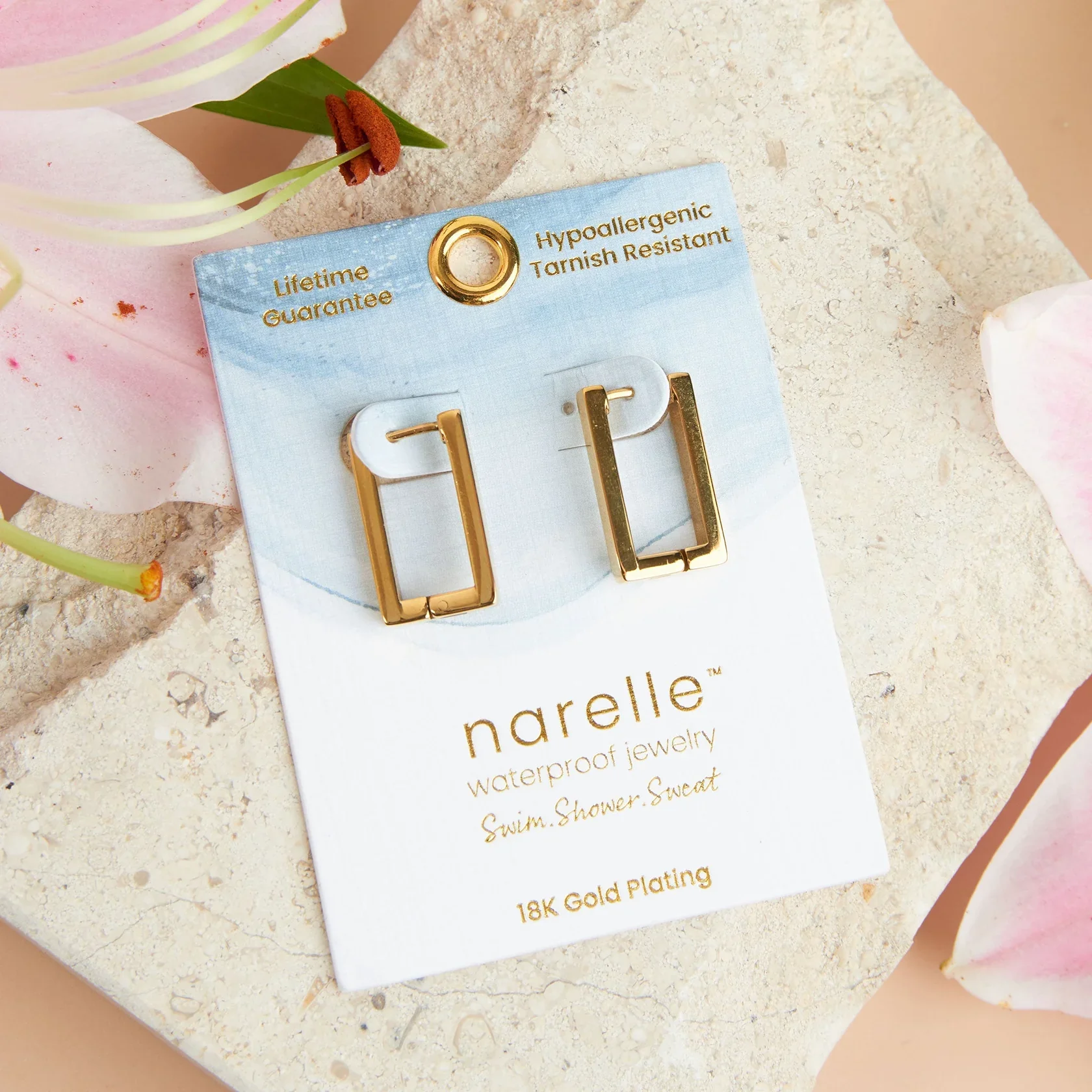Narelle - Waterproof Rectangle Hoop Earrings, Gold - Image 2