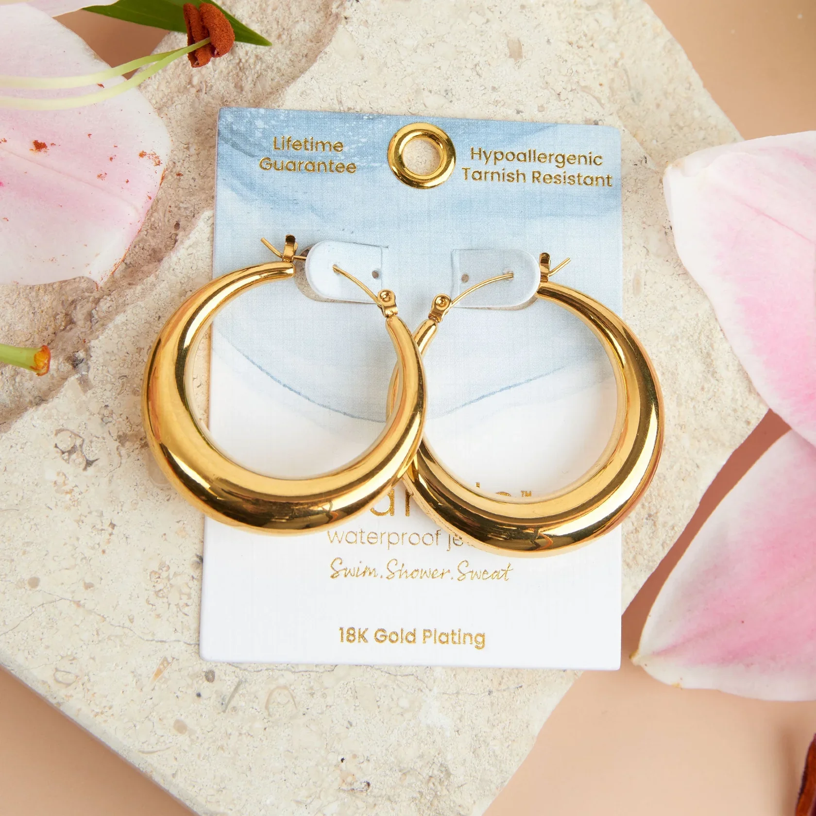 Narelle - Waterproof Round Hoop Earrings, Gold - Image 2