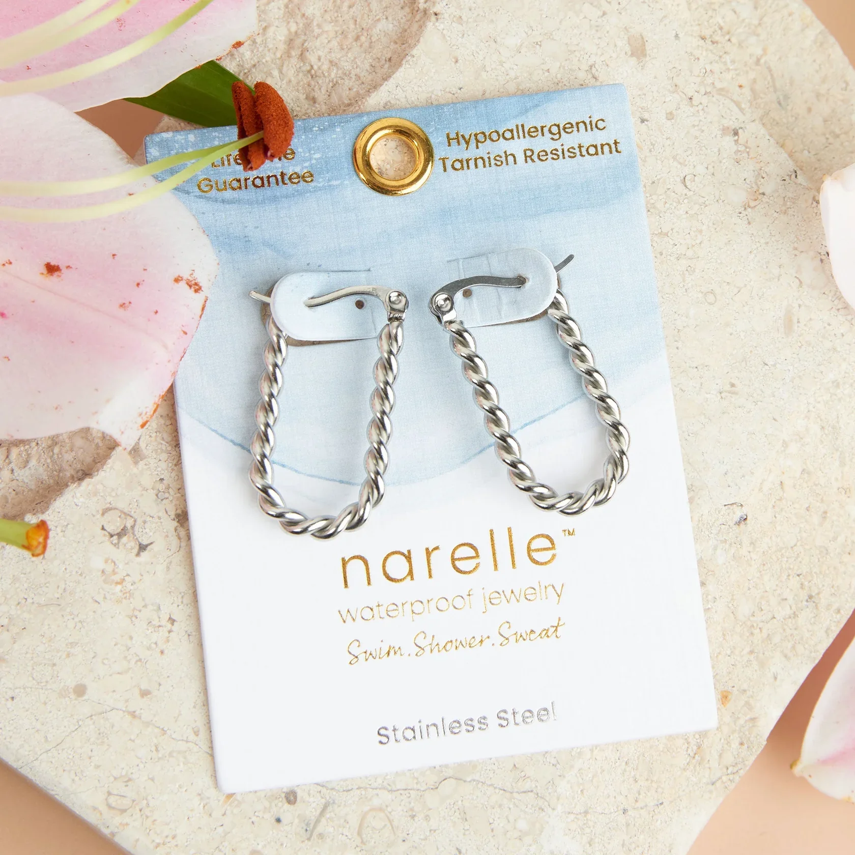 Narelle - Waterproof Twisted Hoop Earrings, Silver - Image 2