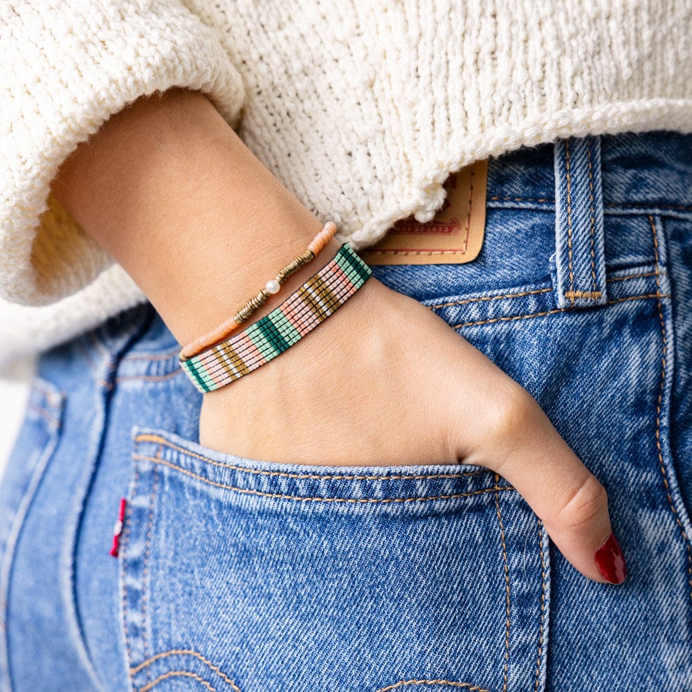 Ink + Alloy - Alex Vertical Stripe Beaded Stretch Bracelet, Green & Blush - Image 2