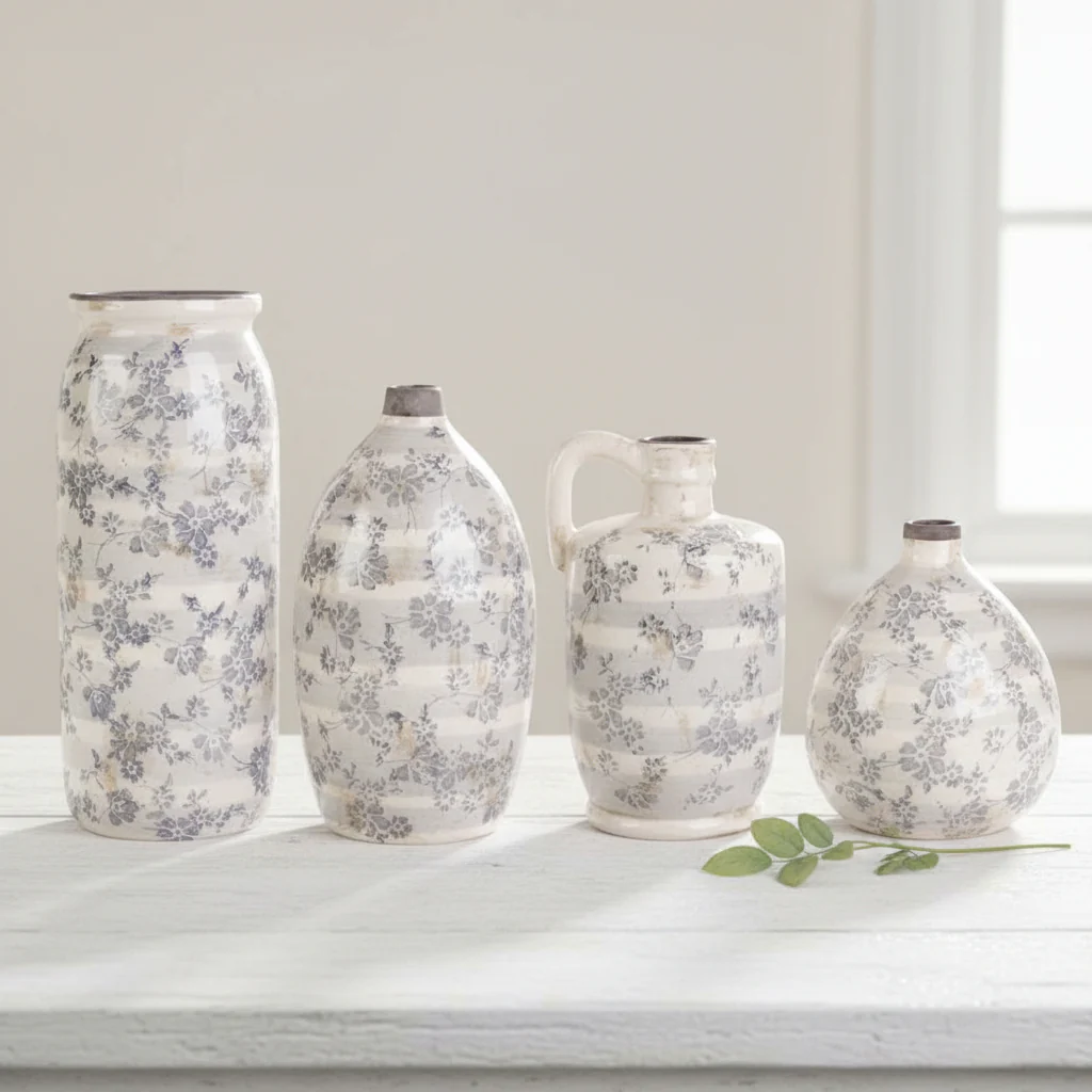 K & K Interiors - Ceramic Crackle Vase with Grey Floral Design
