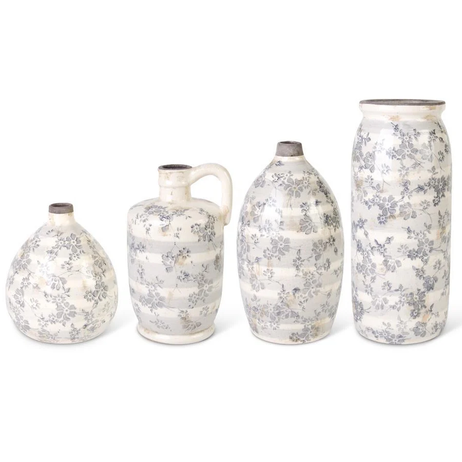 K & K Interiors - Ceramic Crackle Vase with Grey Floral Design - Image 2