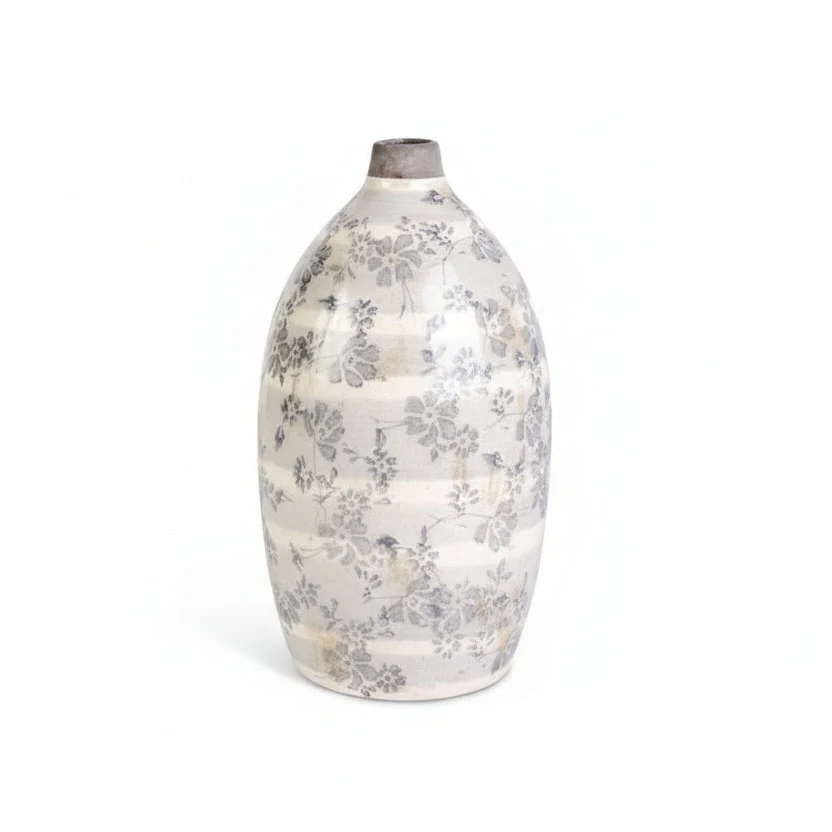 K & K Interiors - Ceramic Crackle Vase with Grey Floral Design - Image 4
