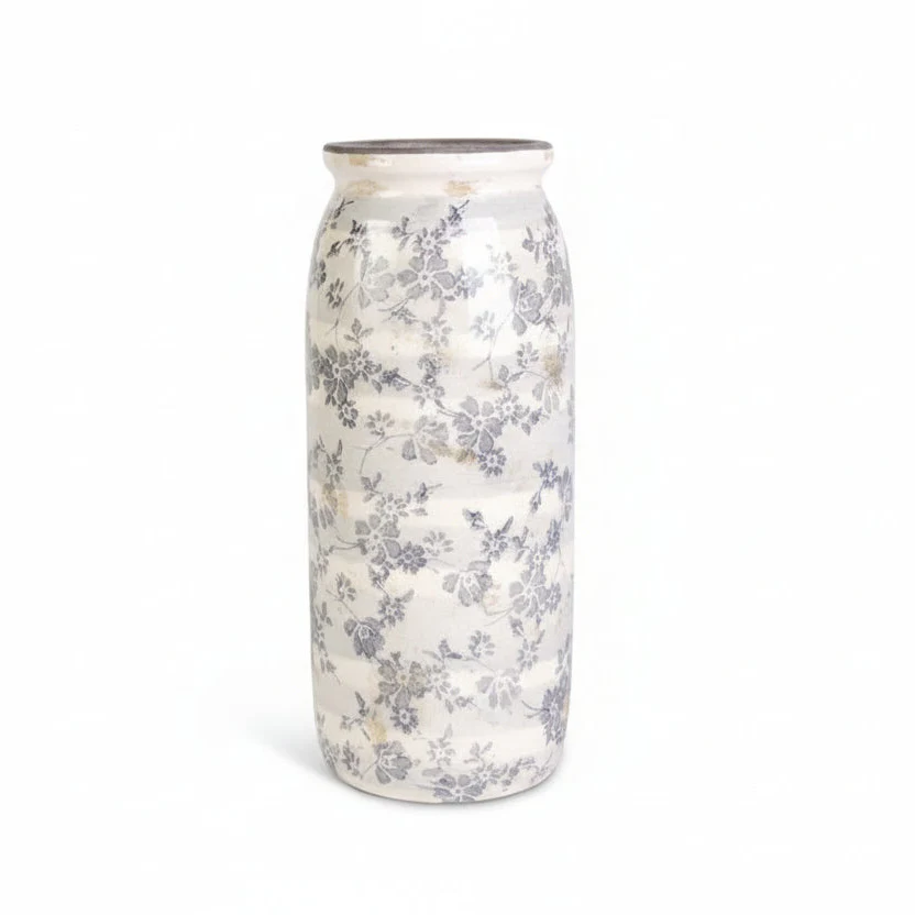 K & K Interiors - Ceramic Crackle Vase with Grey Floral Design - Image 6