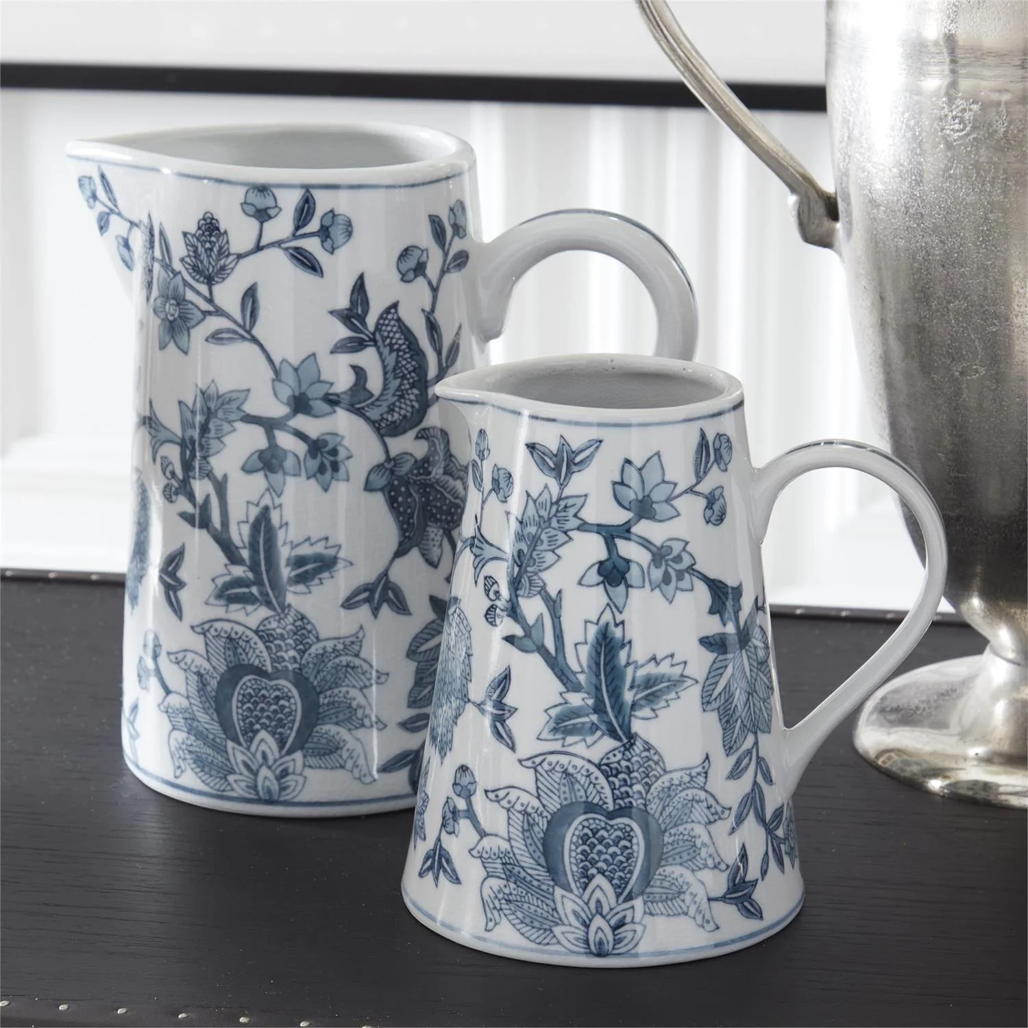 K & K Interiors - Navy Blue & White Porcelain Chinoiserie Pitcher - Image 2