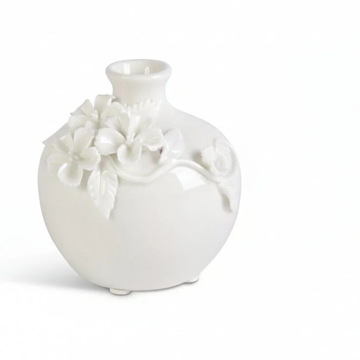 K & K Interiors - Short White Ceramic Vase with Raised Flowers - Image 2