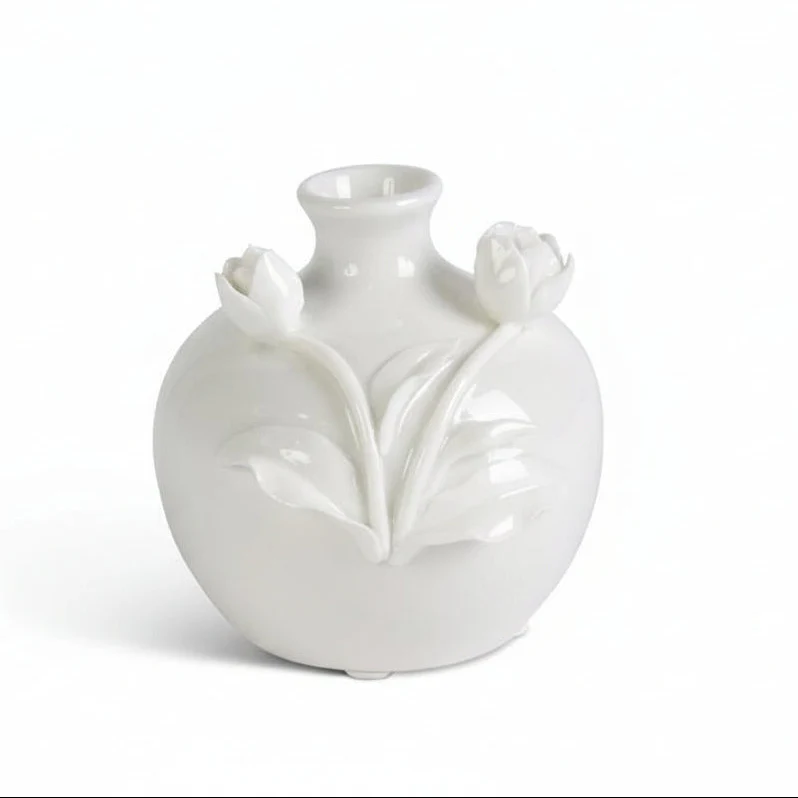 K & K Interiors - Short White Ceramic Vase with Raised Flowers - Image 3
