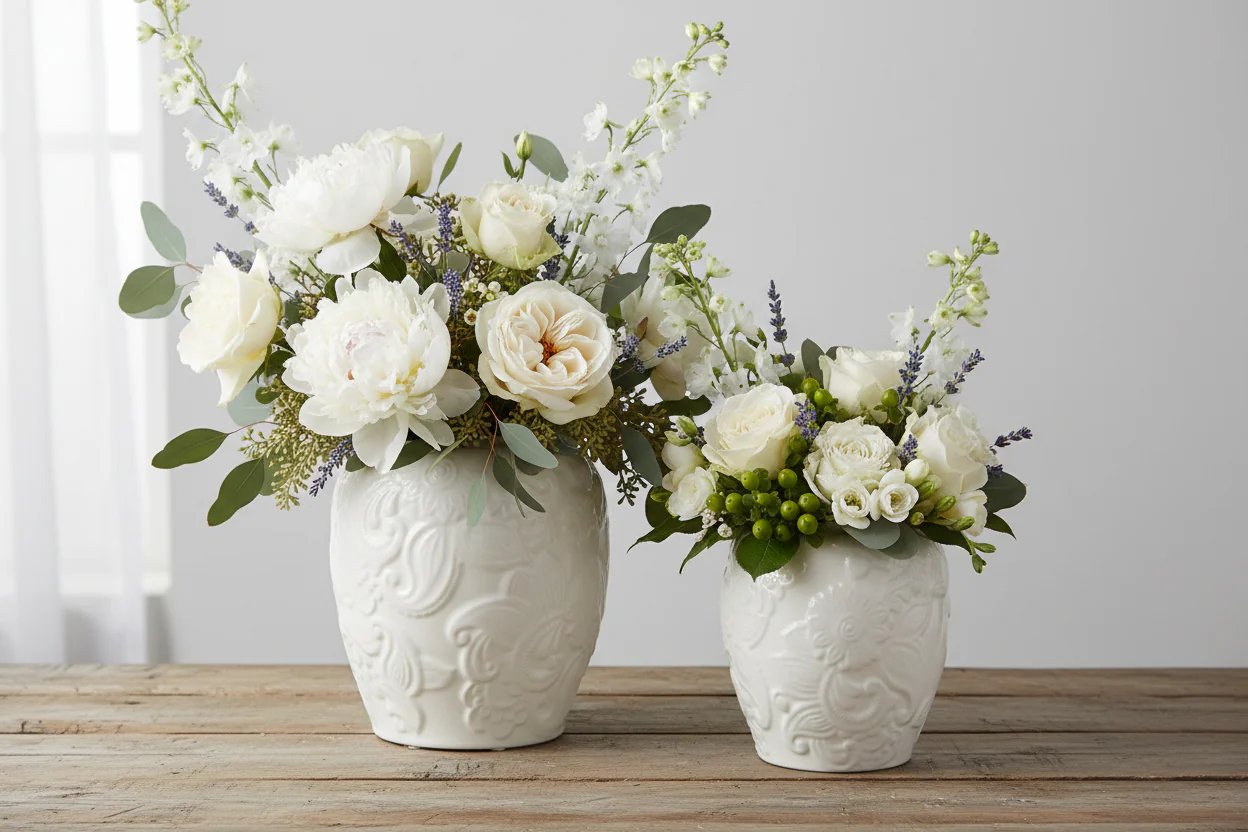 K & K Interiors - White Ceramic Paisley & Floral Embossed Vases