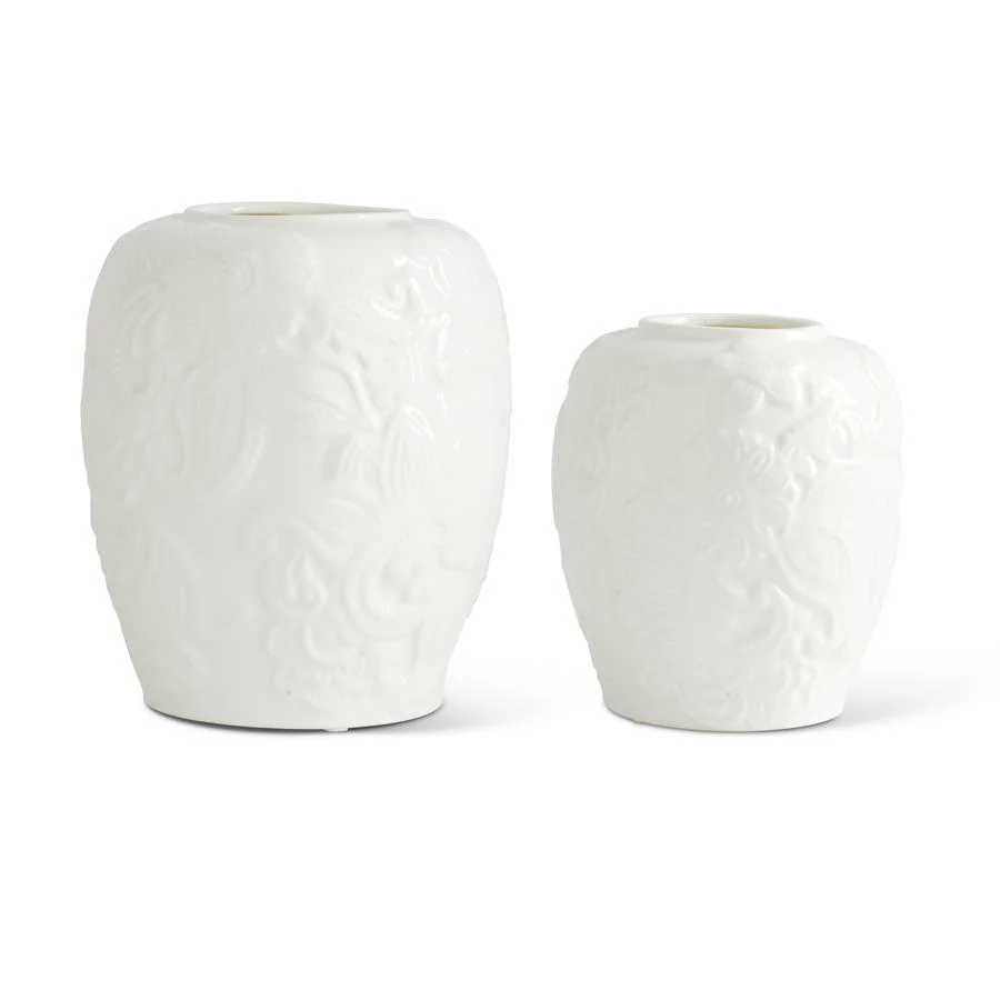 K & K Interiors - White Ceramic Paisley & Floral Embossed Vases - Image 2