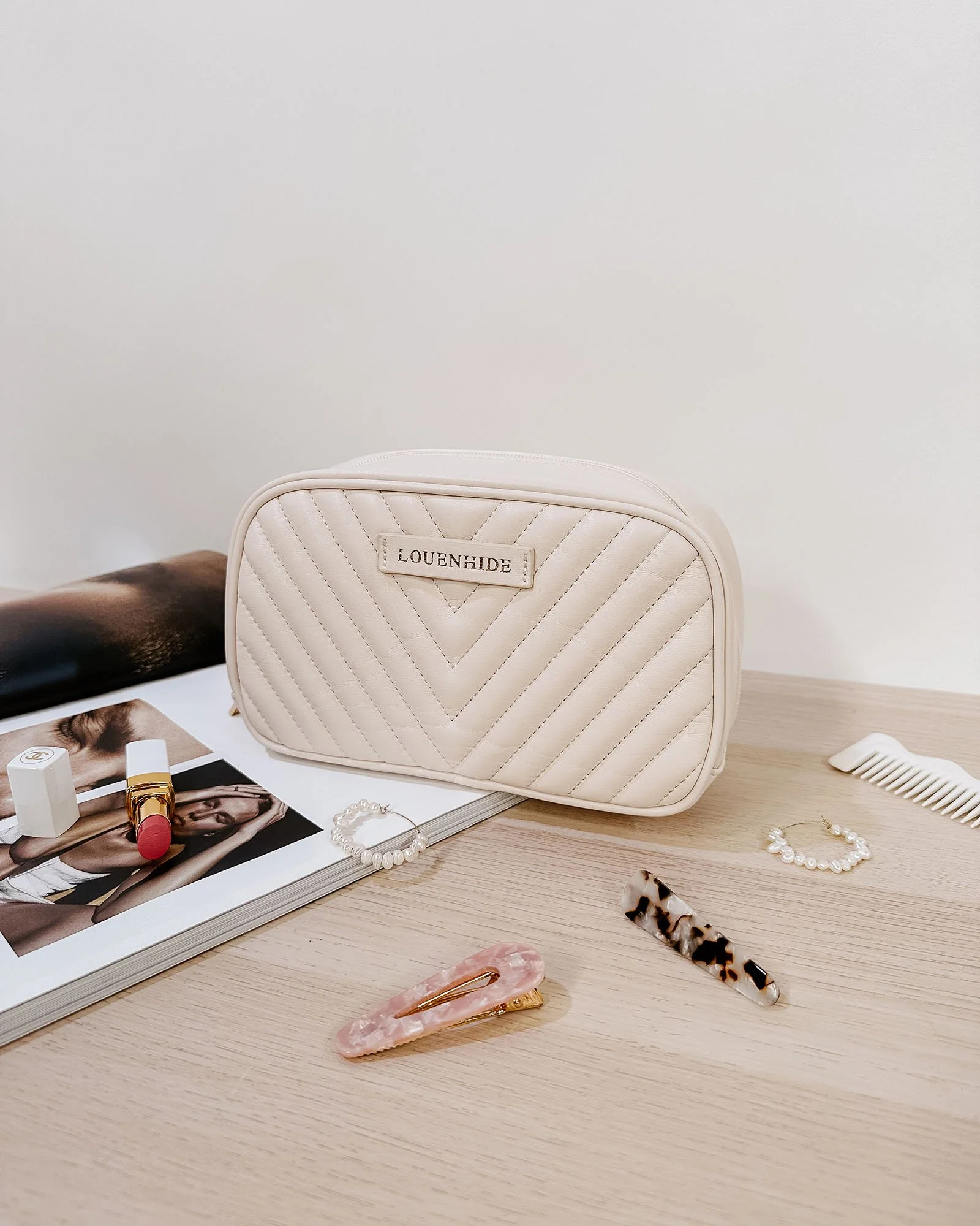 Louenhide - Lacey Quilted Cosmetic Bag, Vanilla