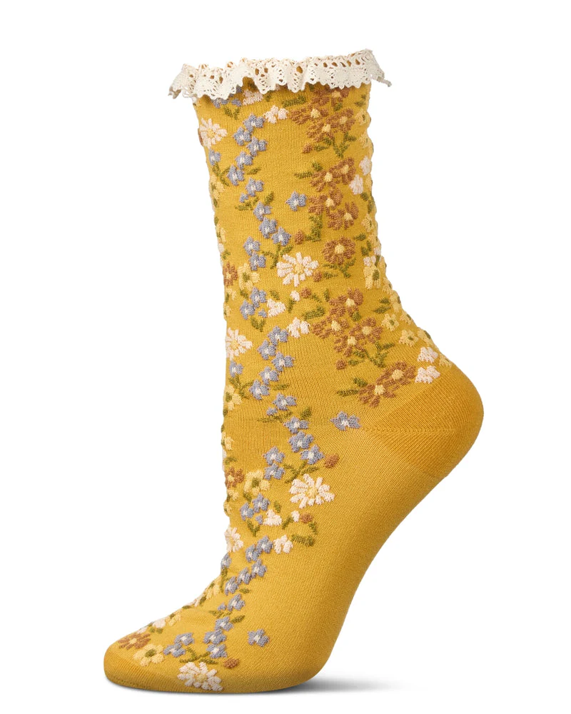 MeMoi - Mustard Liberty Floral Lace Cuff Crew Sock