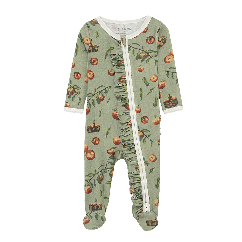 Milkbarn - Cotton Footed Ruffle Romper, Apple Orchard