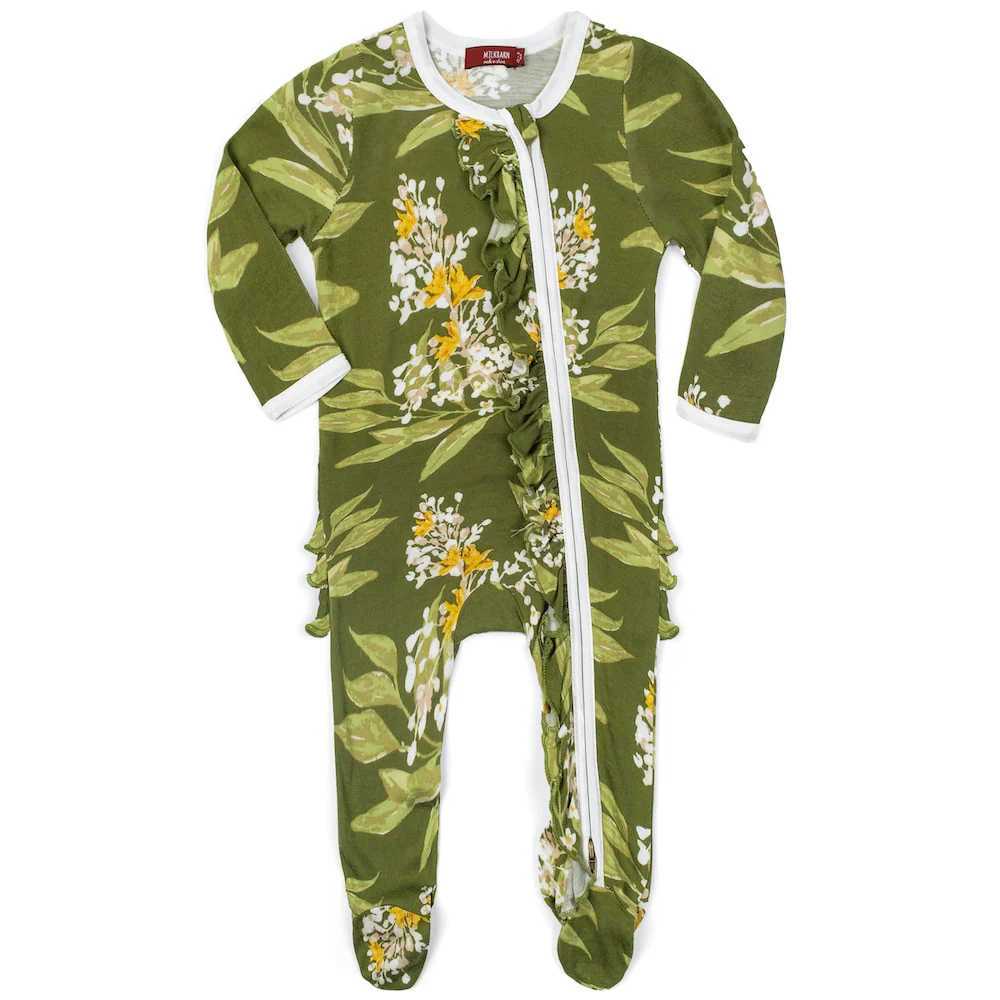 Milkbarn - Ruffle Footed Romper, Green Floral
