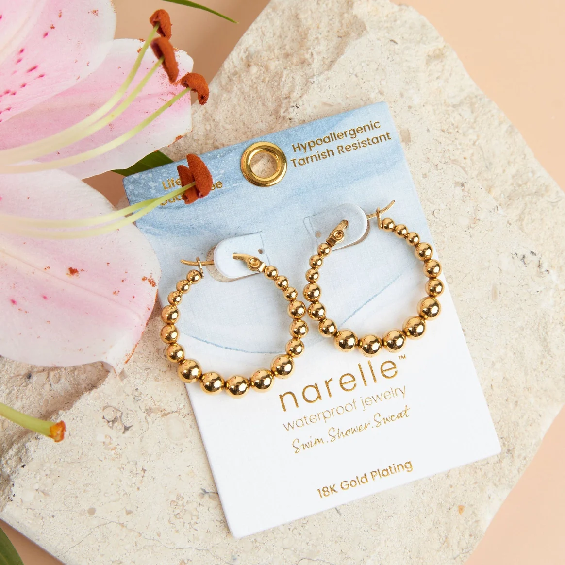 Narelle - Waterproof Bubble Hoop Earrings, Gold - Image 2