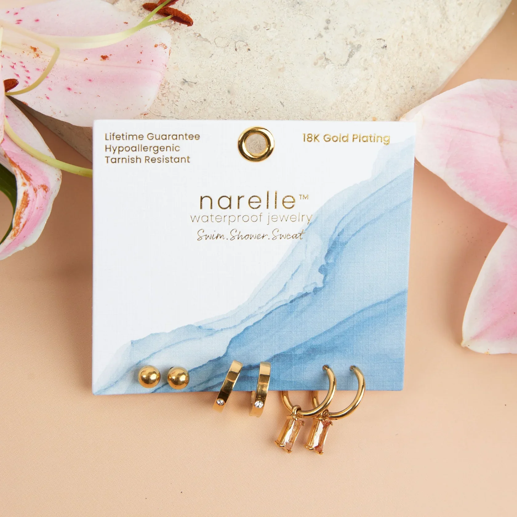Narelle - Waterproof Charm Hoop Earring Trio, Gold - Image 2
