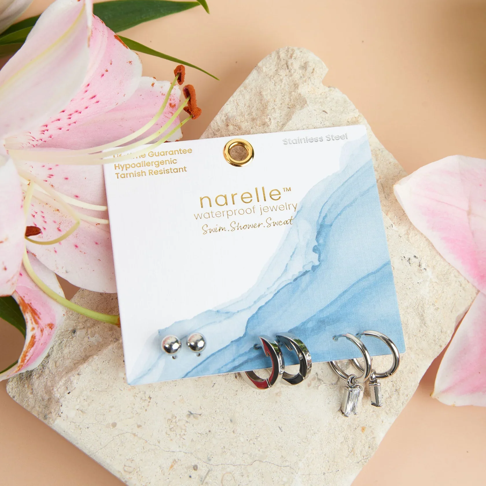 Narelle - Waterproof Charm Hoop Earring Trio, Silver - Image 2