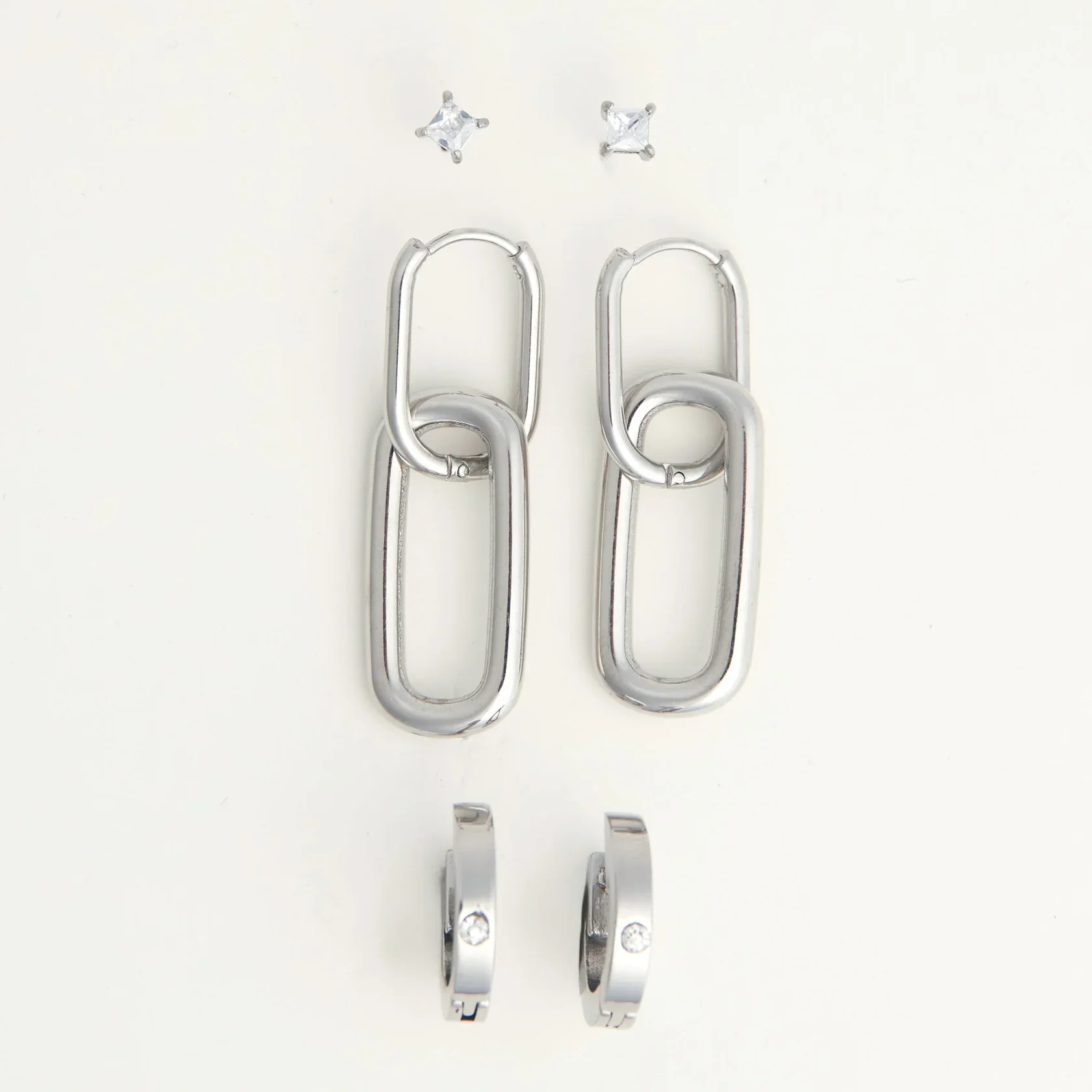 Narelle - Waterproof Double Linked Hoop Earring Trio, Silver