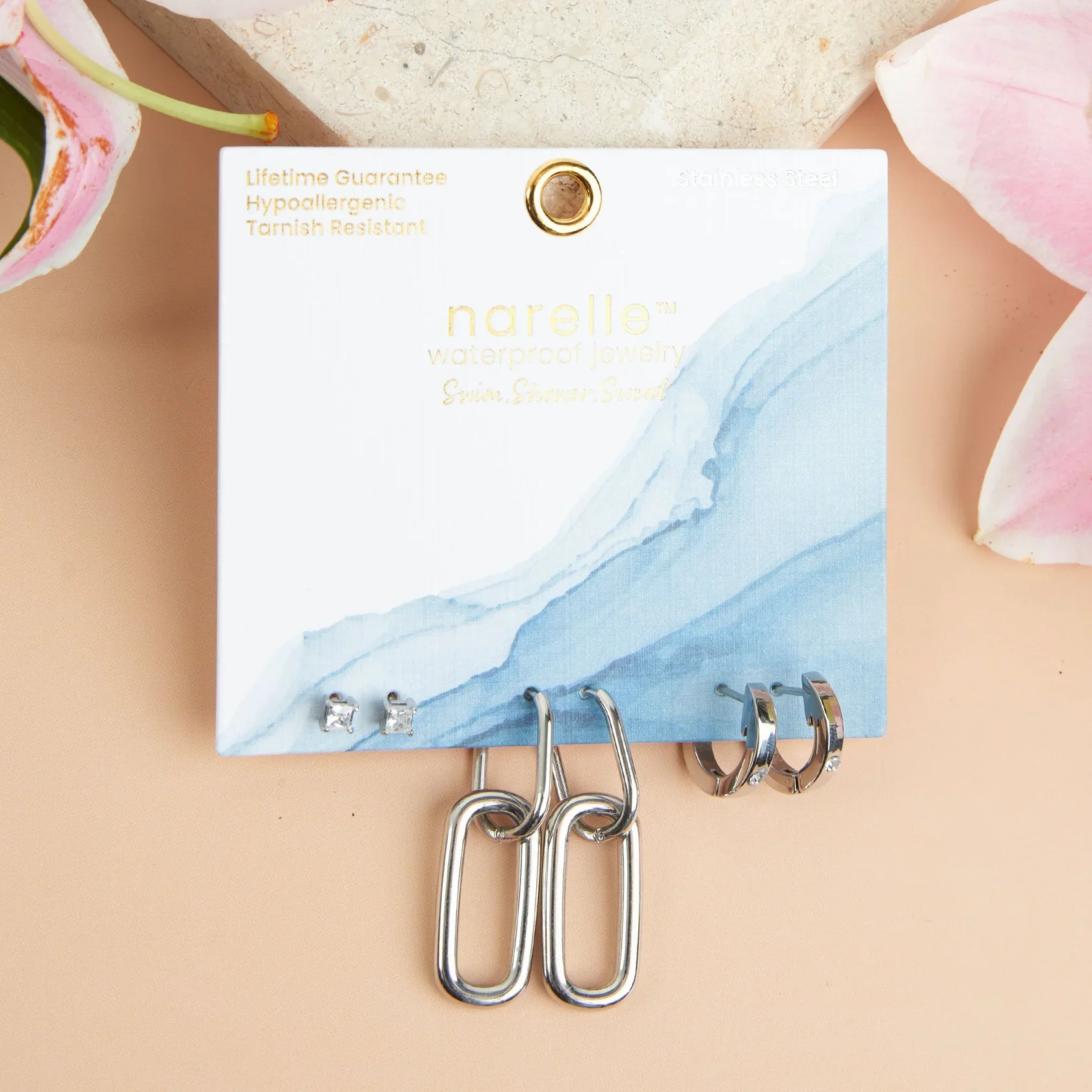 Narelle - Waterproof Double Linked Hoop Earring Trio, Silver - Image 2